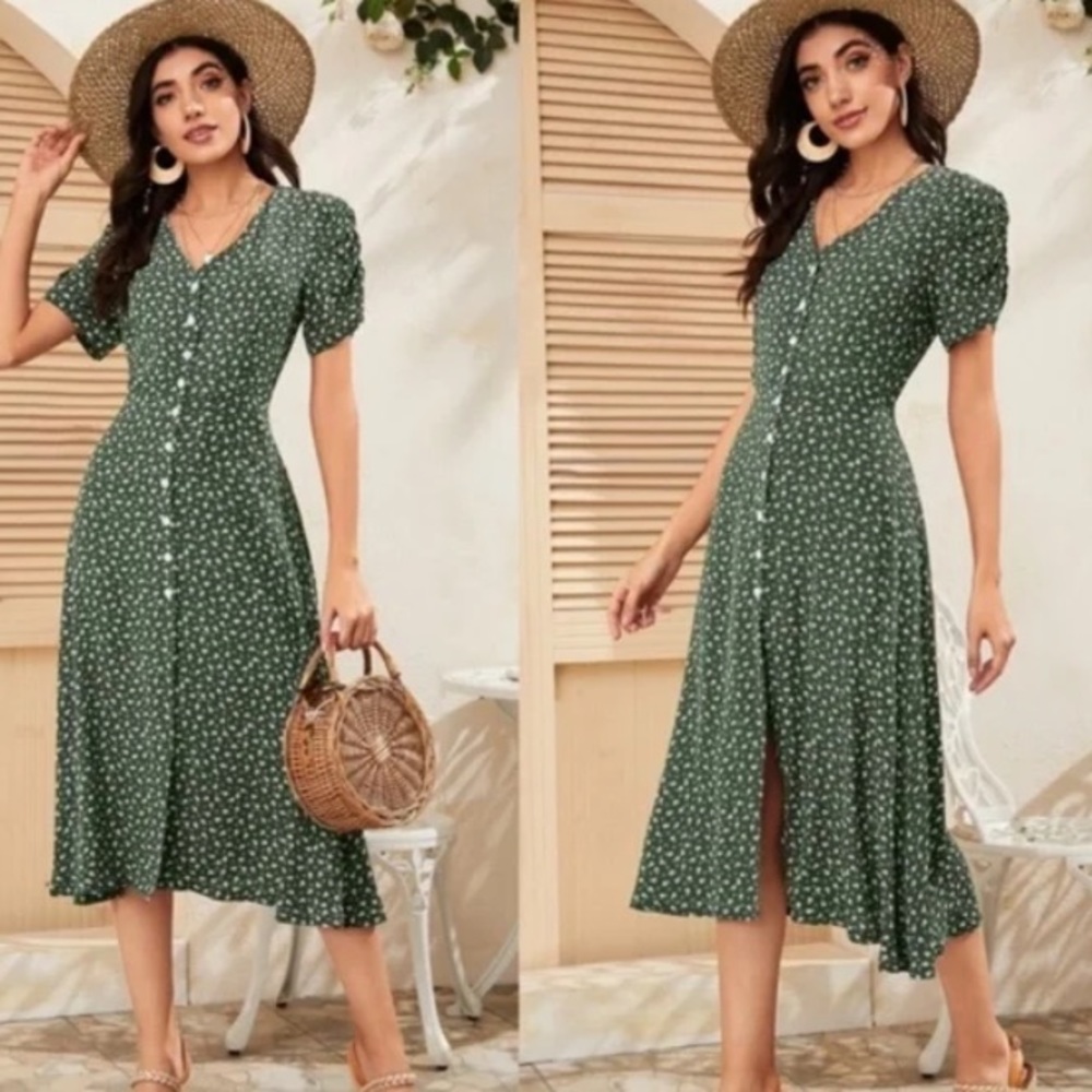 Boho Green floral print button up v neck dress - Picture 4 of 6